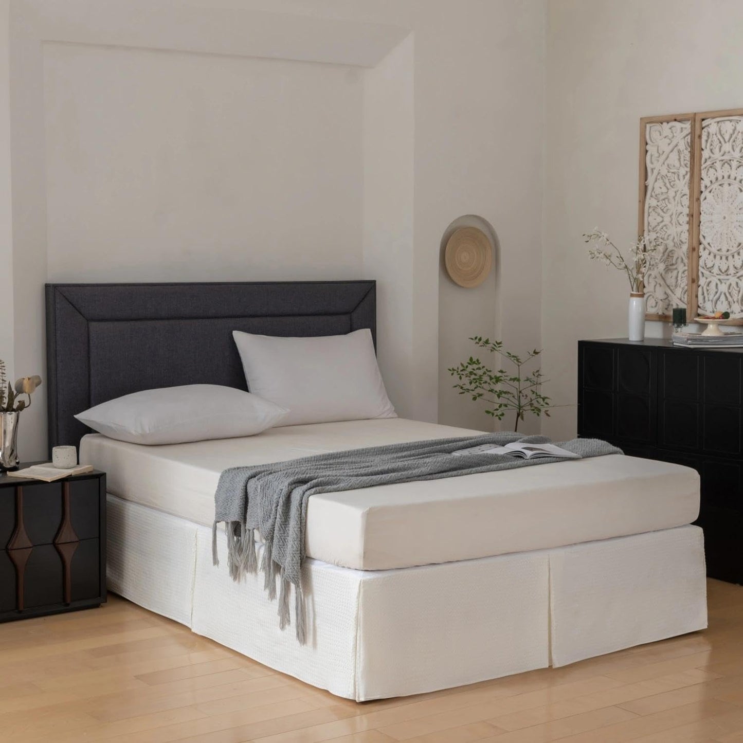 Twin Bed Skirt, Wrap Around Bed Skirt with Pleated Corner, 12 Inch Drop Pleated Waffle Weave Bedskirts, Anti-Slip, Microfiber, Ivory, 12'' Twin
