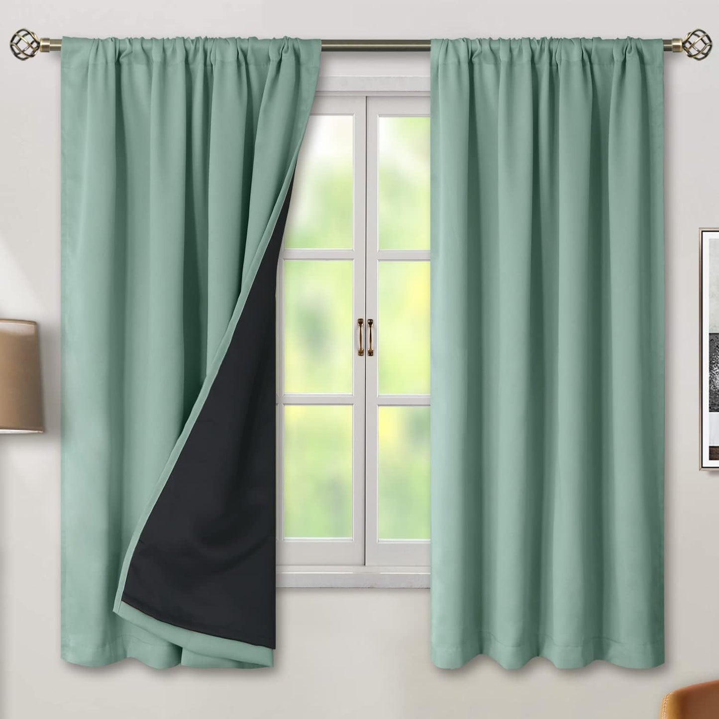 BGment Frosty Green Blackout Curtains for Bedroom 63 Inch Length, Rod Pocket Black Out Curtains for Living Room Thermal Insulated Soundproof Privacy Room Darkening Window Curtains, 42 x 63 Inch