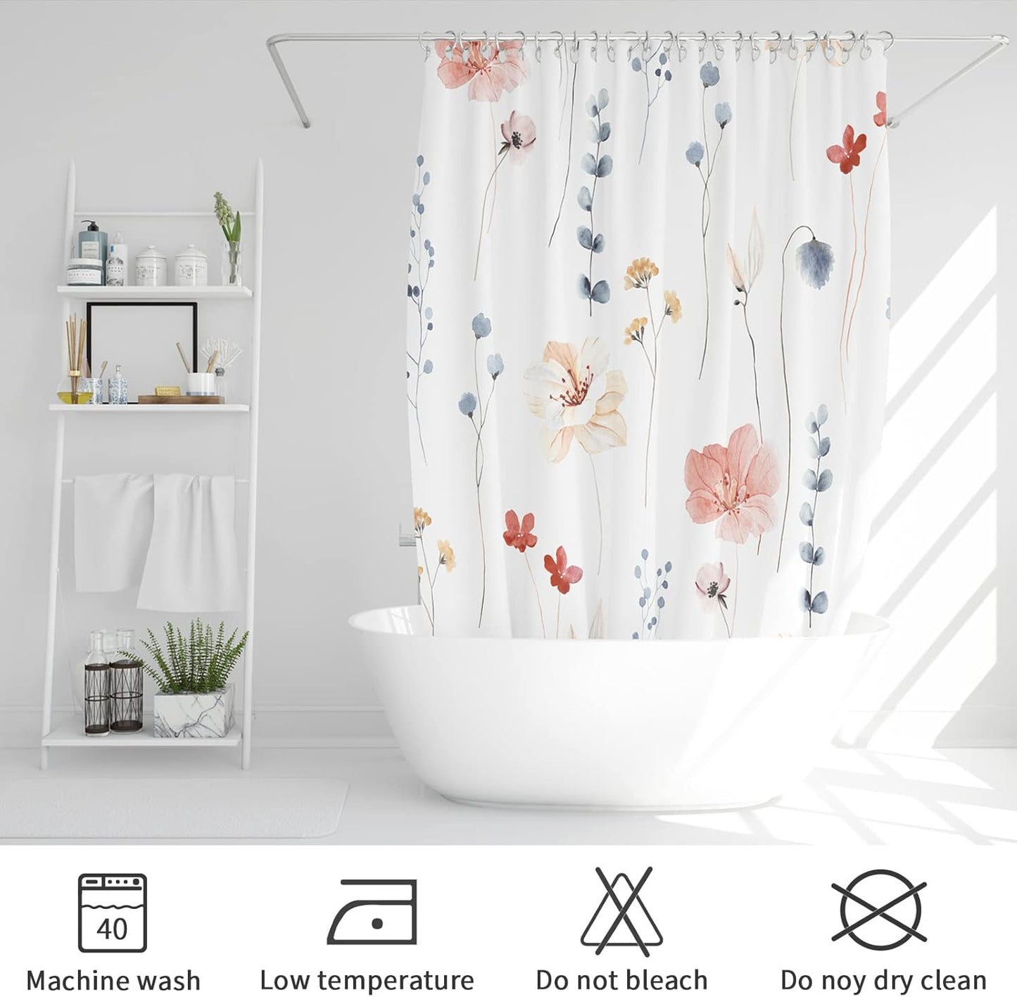 Gibelle Extra Long Shower Curtain 72 x 84, Watercolor Floral Fabric Shower Curtain, Coral Beige Flower Decorative Bathroom Shower Curtain Set with Hooks
