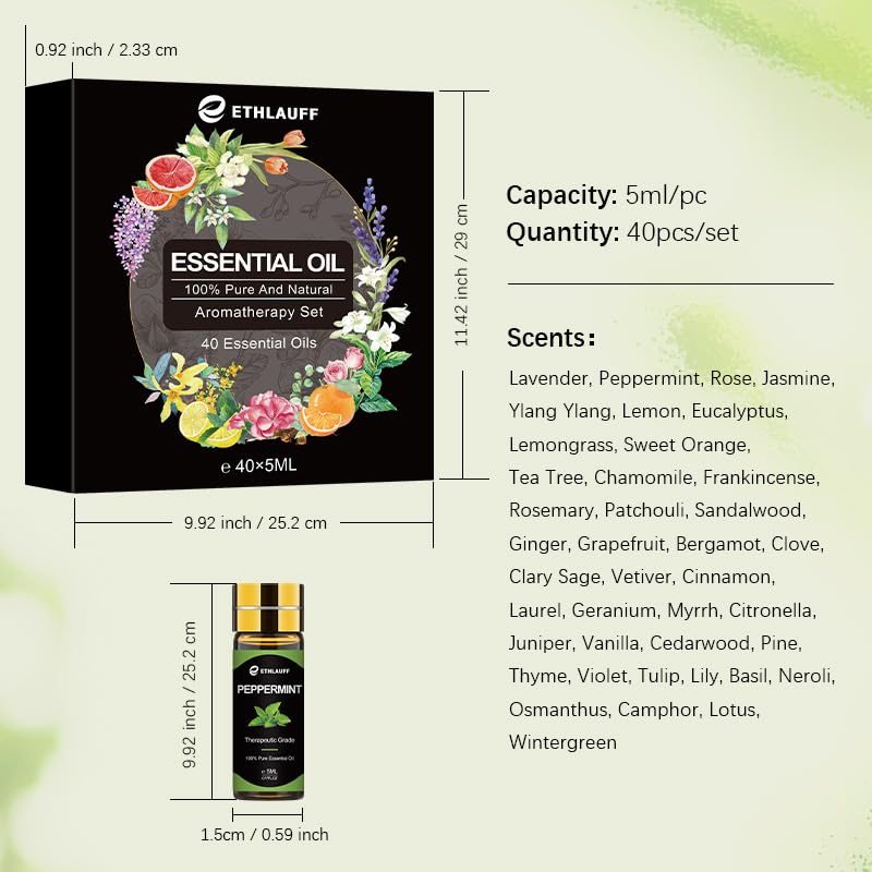 Essential Oils Set 40 Pcs, Essential Oils Perfect for Diffuser, Fragrance Oil Set for Massage, Soap, Candle Bath Bombs Making (5ml)