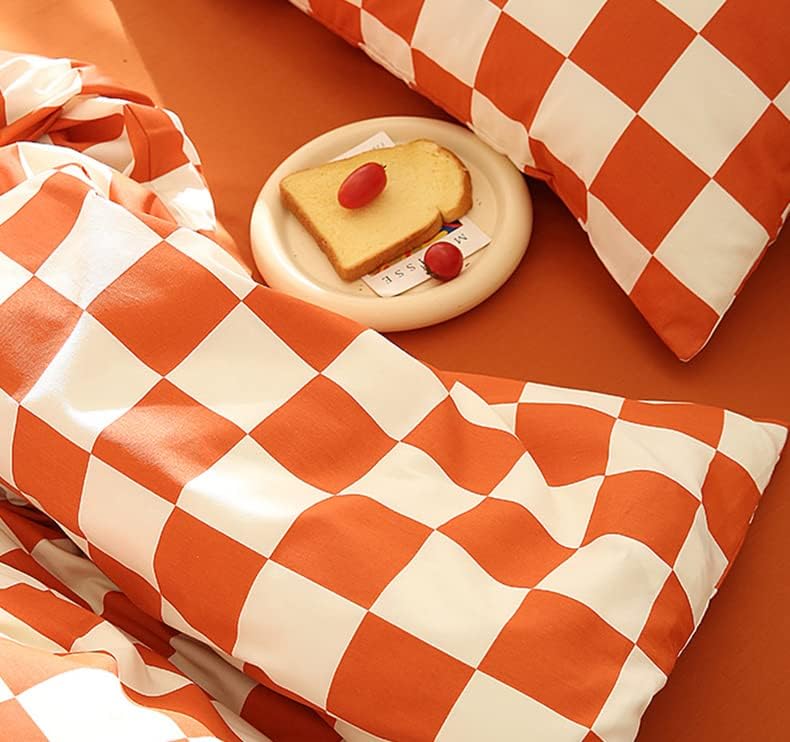 KAREVER Orange White Grid Comforter Set Queen Burnt Orange Plaid Bedding Set Women Reddish and White Checkered Bed Comforter Set Breathable Blanket Set Men Durable Bedding Comforter Set