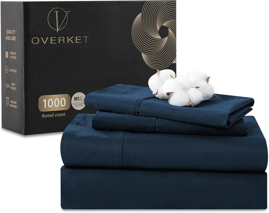 100% Egyptian Cotton Sheets Cal King Sheet Set 1000 Thread Count Sateen Weave Soft Breathable 16-Inch Deep Pocket 4PCS（California King,Navy）