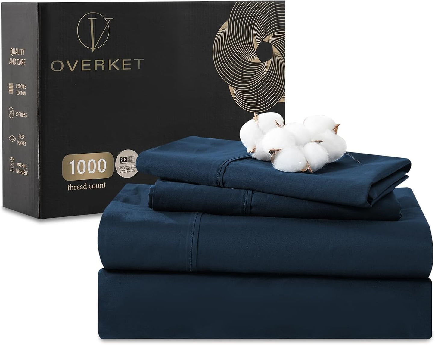 1000 Thread Count Egyptian Cotton Sheets Queen Size Set Sateen Weave Soft Breathable 16-Inch Deep Pocket 4PCS（Queen,Navy）