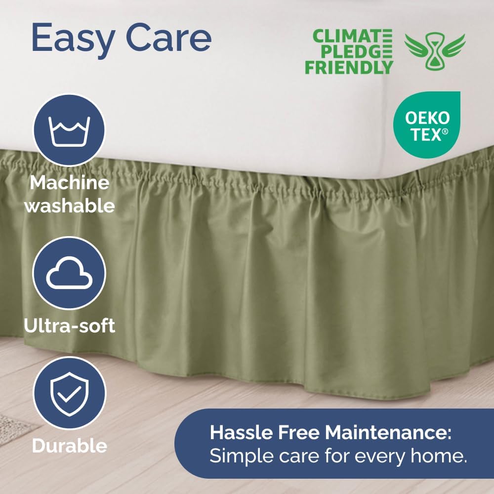 Wrap Around Dust Ruffle Bed Skirt - Sage Green - for King Size Beds with 18 Inch Drop - Elastic Strap - Adjustable Pleated Bedskirt with Brushed Fabric and Wrinkle Free - for Women, Men, Kids & Teens