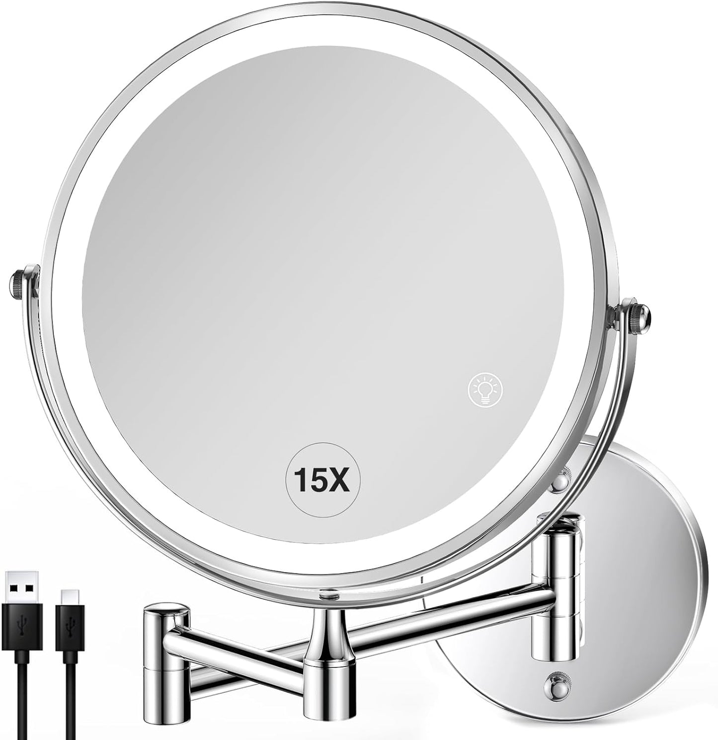 Wall Mounted Lighted Makeup Mirror: 8.5 Inch Double Sided Makeup Mirror with 1X/15X Magnification for Vanity, Bathroom, and Shaving - Chrome