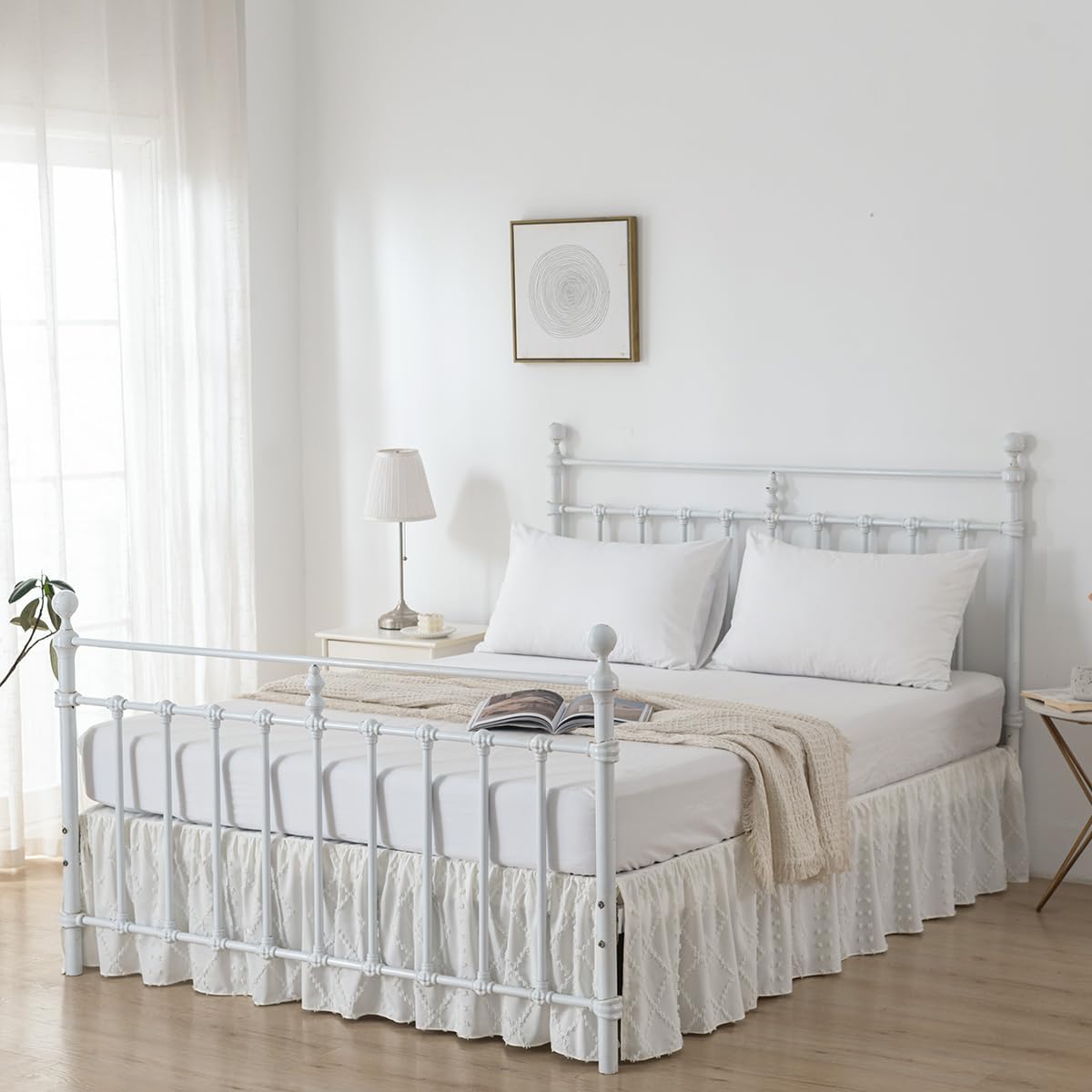 Bed Skirt Twin Size Ruffled Bed Skirt with Split Corners, 16 Inch Drop Dust Ruffle Bed Skirts with Platform, Boho Tufted Shabby Chic Twin Size Bed Skirts, Ivory