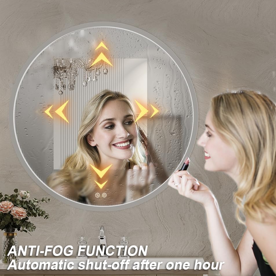 28" Round LED Bathroom Mirror, Dimmable Anti-Fog Vanity Mirror with Touch Control, 6000K Natural Light, Silver Metal Frame, Wall Mounted for Makeup Shaving (IP54, 90+ CRI)