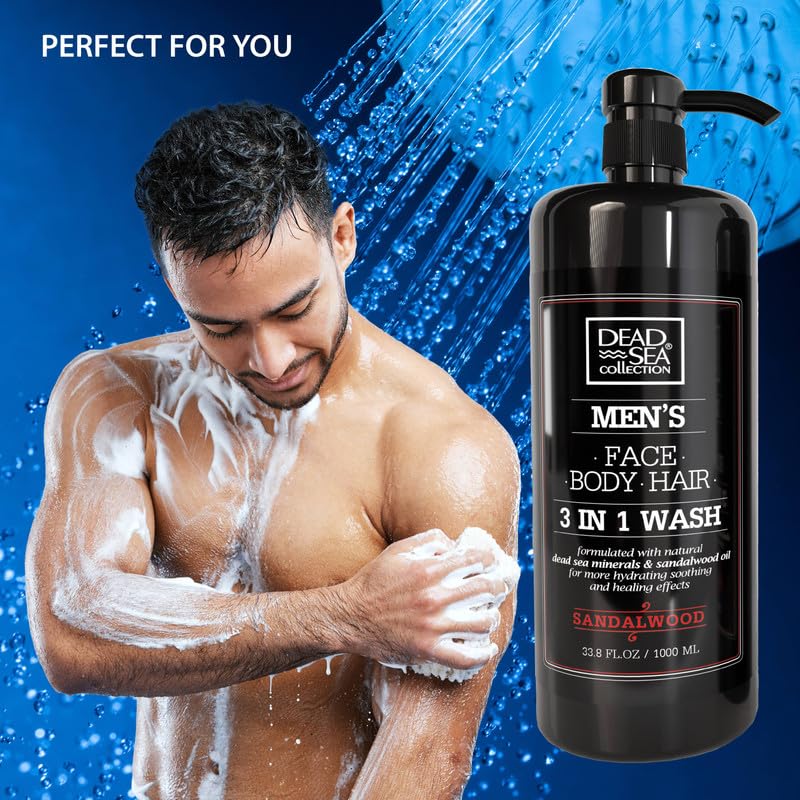 Dead Sea Collection Mens Body Wash 3 in 1 – Sandalwood Body Wash for Men – Shower Gel – Shampoo – Shower Soap for Face and Hair – Pack of 2 Bottles (33.8 Fl. Oz. Each)