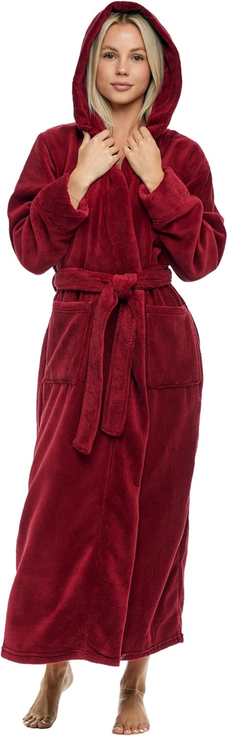 Alexander Del Rossa Womens Robe, Long Plush Bathrobe with Hood, Hooded Robes for Women Plus Size Bath Robe