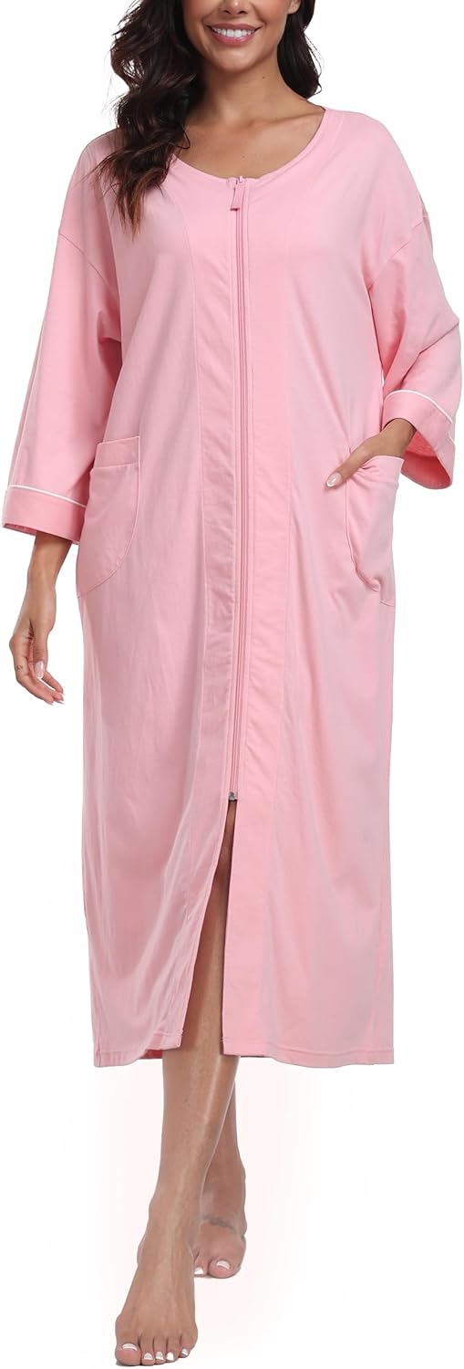 ANLIQI Women's 100% Cotton Robes Long Zipper Front House coats 3/4 Sleeve Bathrobes Lightweight Full Length Robe with Pockets