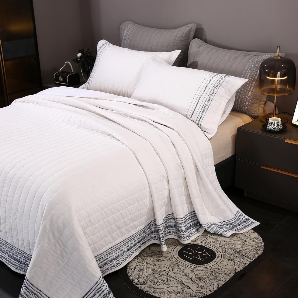 Quilt Set Floral Leaves 3D Embroidery Pattern 2 PCS Cotton Reversible Quilted Embroidered Decorative Bedspreads Coverlet Set, Lightweight &Soft Queen Size Beige Bedding Coverlet for All Season