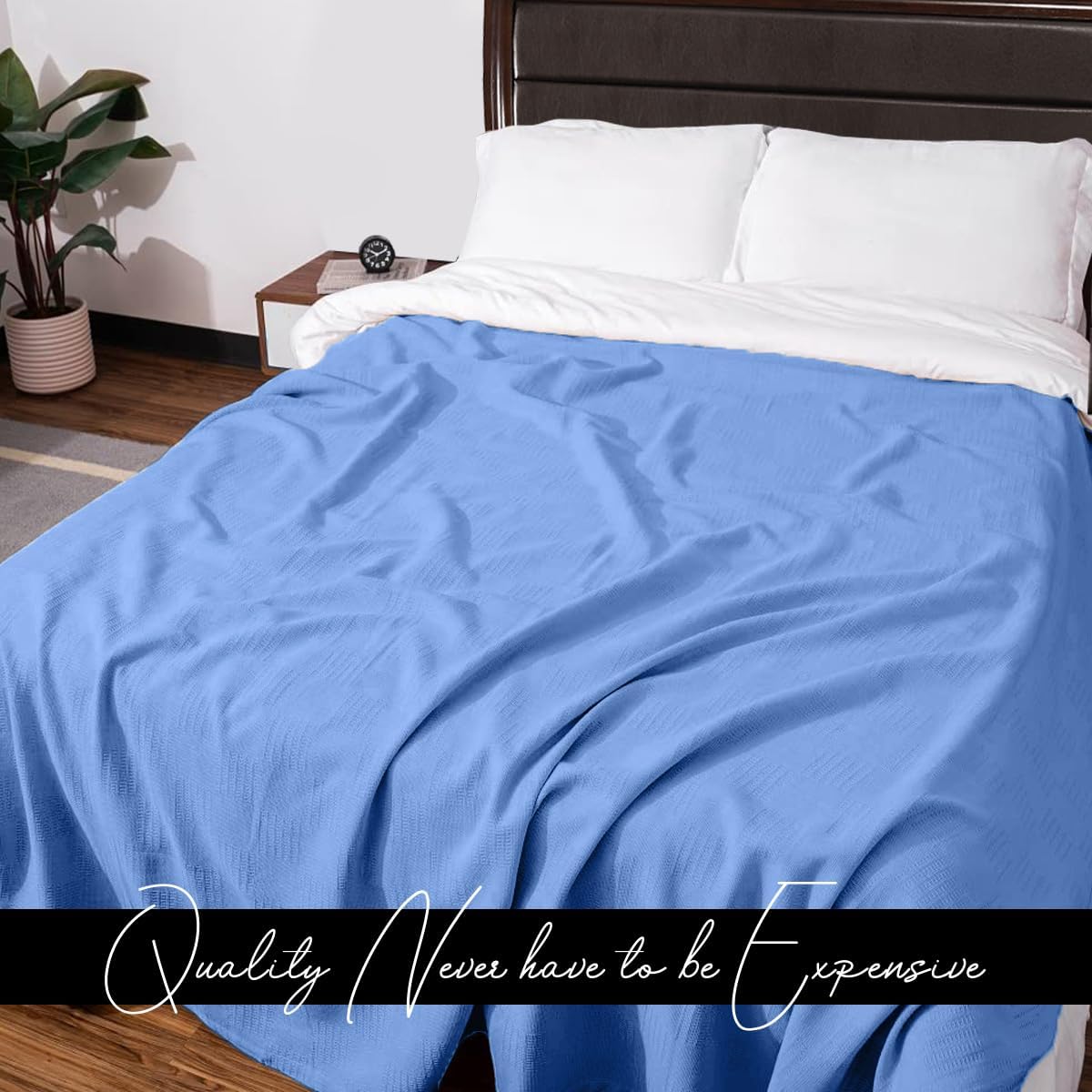 Avalon Bedding 100% Cotton Blankets King Size Thermal Blanket (108"x90") - Perfect Cotton Blanket King Size for Layering Bed in Any Season - Cotton Blankets for Bed (Blue)