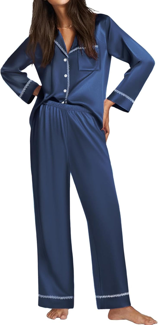 Ekouaer Satin Pajama Set for Women Silky Sleepwear Long Sleeve Top and Pants Button Down Pjs Lounge Set