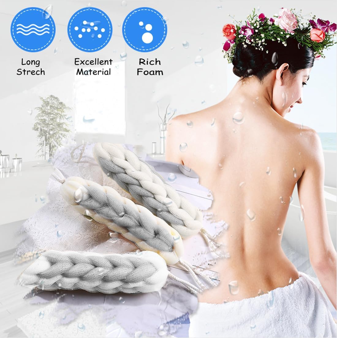 AARAINBOW 2 Packs Upgraded Long Stretch Back Sponge with Rope Handles Back Scrubber Bath Shower Mesh Sponge Exfoliating Body Scrub Stretch Braided Loofah for Men Women Loofah Rope (2 Gray)