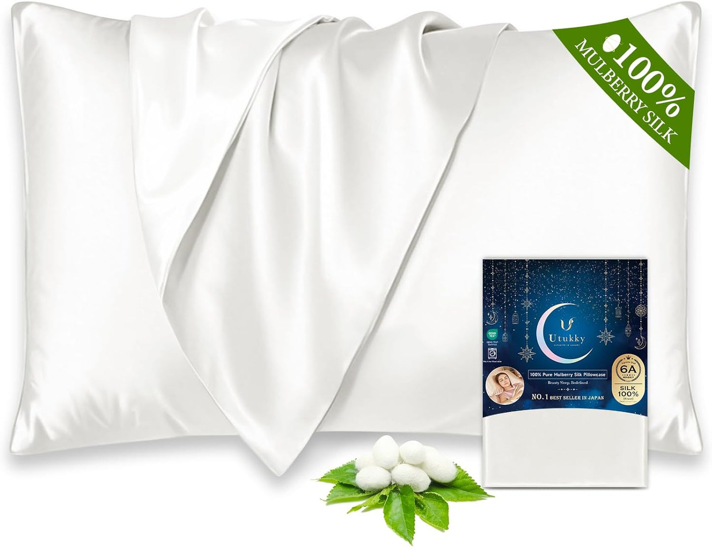 Utukky 100% Mulberry Silk Pillowcase 22 Momme - Ultra Premium 6A Grade Silk Pillow Case - Envelope Enclosure - Breathable Cooling Pillow Cover