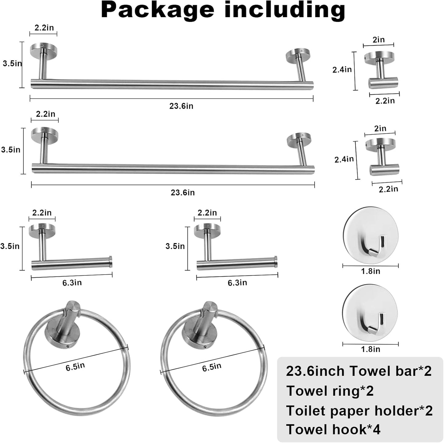 8 Pieces Bathroom Towel Rack Set, Includes 2PCS 23.6 inch Towel bar, 2PCS Towel Hook, 2 PCS Towel Ring, 2PCS Toilet Paper Holder-Matte Black Bathroom Accessories Sets