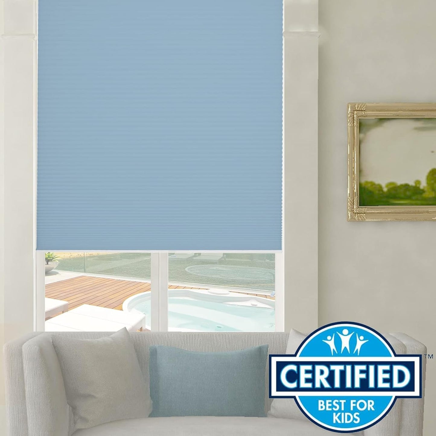 Persilux Light Filtering Cellular Window Shades Cordless Shades Bottom up UV Protection Room Darkening Honeycomb Blinds for Windows, Home and French Doors, Blue, 89" W x 60" H