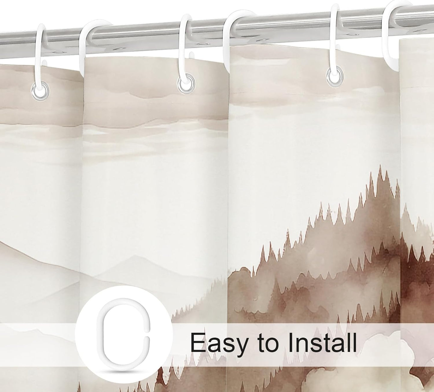 Brown Small Stall Misty Pine Forest Shower Curtain 36 x 72, Tan Mountain Foggy Woodland Scenery Tree Narrow Half Size Shower Curtains for Bathroom, Abstract Waterproof Nature-Themed Decor
