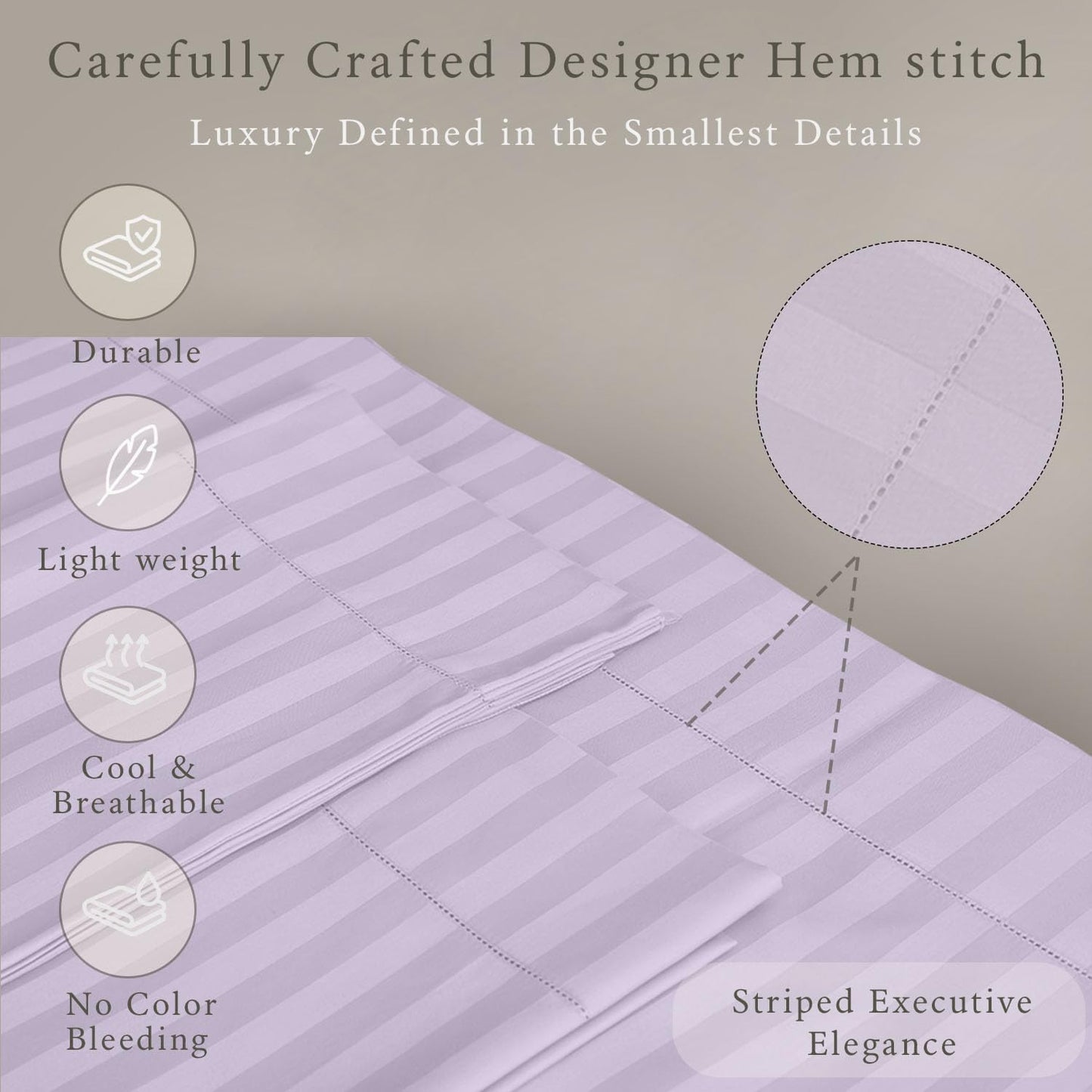 Threadmill 500 Thread Count Full-Size Damask Stripe, 4 Pc Luxury Cotton Bedding Set, Silky Smooth Lilac Sheets with 16" Elasticized Deep Pocket, 2 Pillowcases & Free Tote Bag