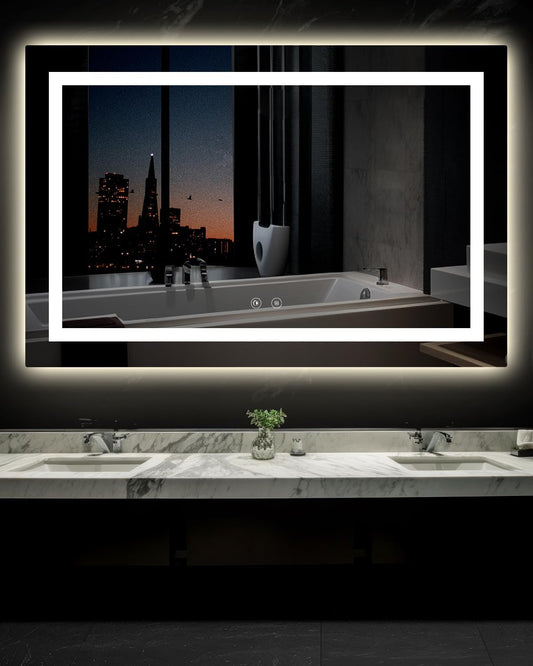 Ensenior LED Bathroom Mirror 60"x 40" with Front and Backlight, Stepless Dimmable Wall Mirrors with Anti-Fog, Shatter-Proof, Memory, 3 Colors, Modern LED Vanity Mirror- FCC