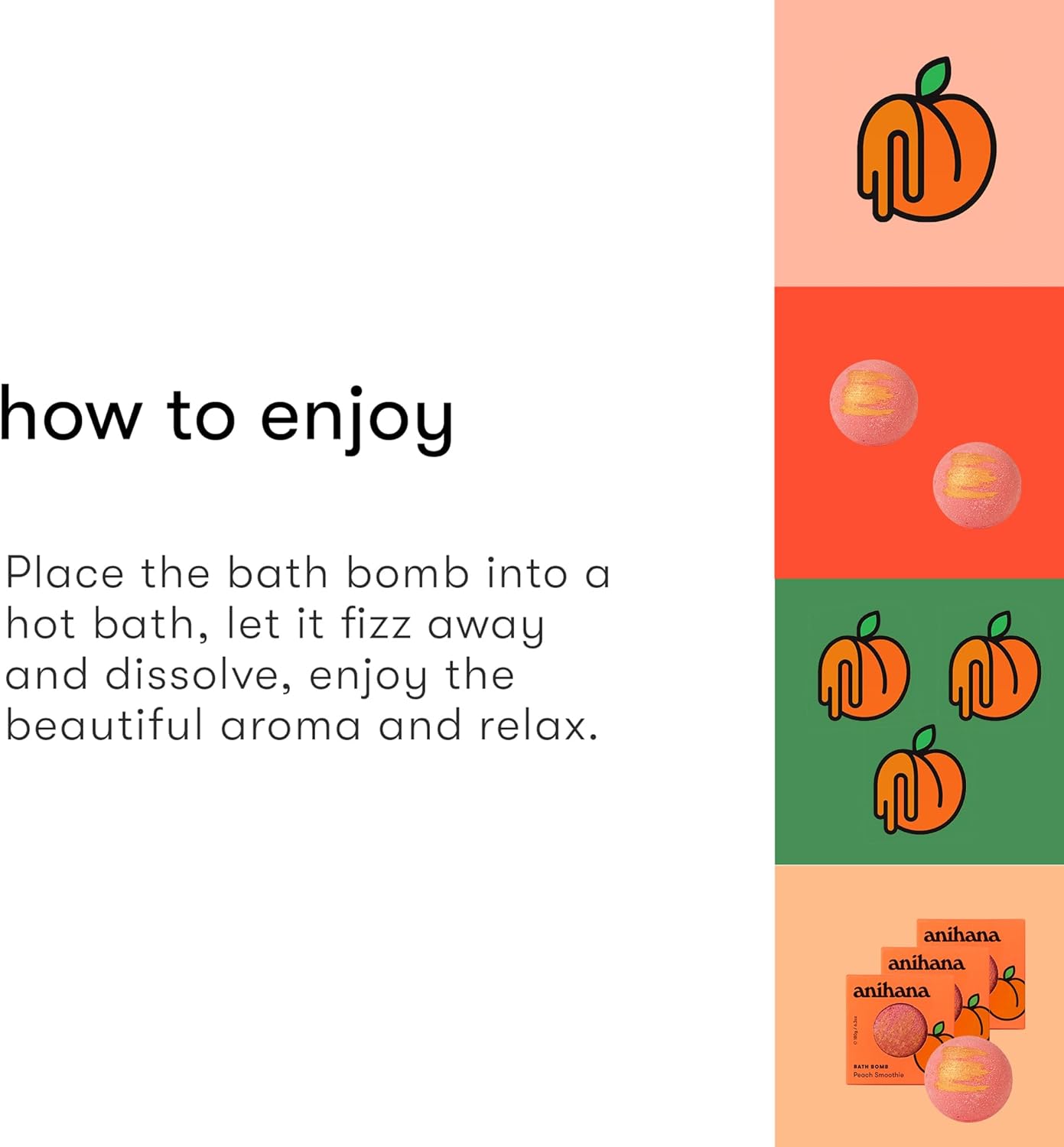 ANIHANA Bath Bombs with Coconut Oil, Paraben Free, Hand-Crafted Luxury Fizzers, Refreshing Peach Smoothie Scent, 6.3 oz Each, 3 Pack