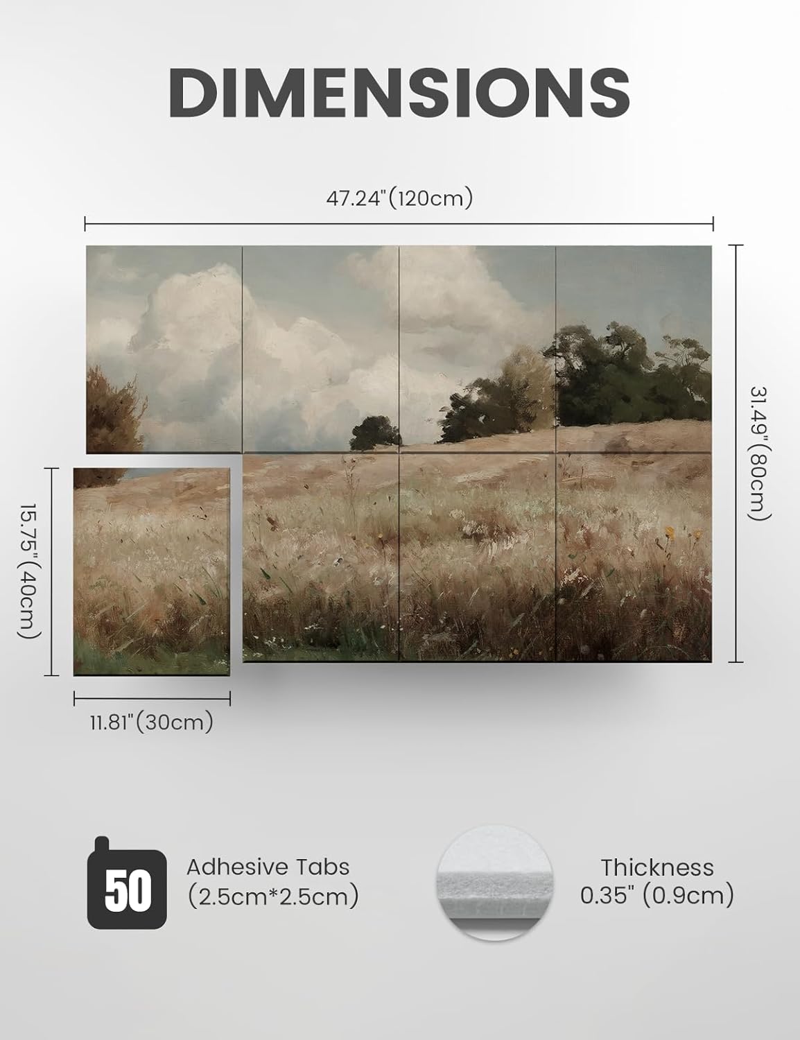 Wall Art Acoustic Panels,47''X31''Soundproof Wall Panels-8-Pack with 50 Adhesive Tabs, Panels for Living Room and Recording Studio, Offices-Grain field, landscape study