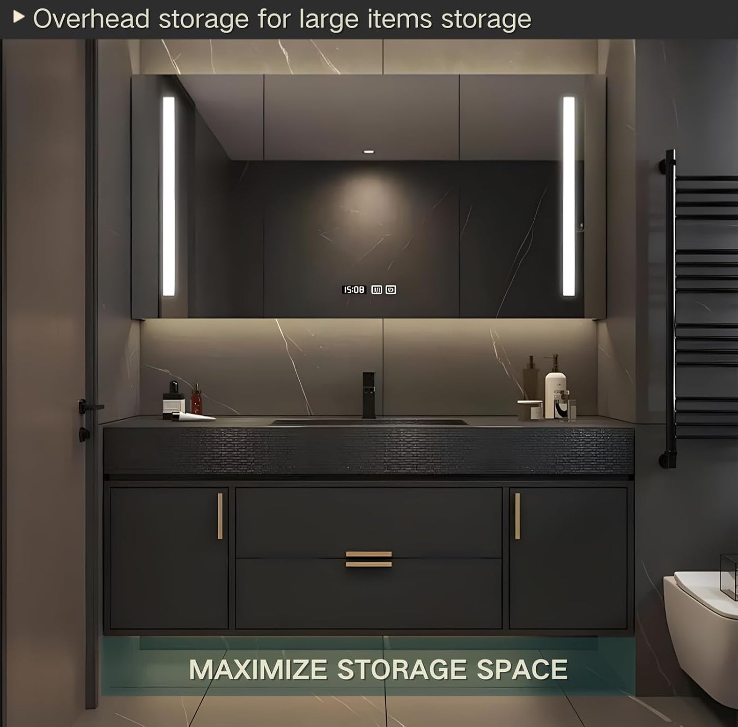 Bathroom Vanity, Floating Bathroom Vanity with Single Sink, Solid Wood Bathroom Vanities Includes LED Smart Defogging Mirror Cabinet & One-Piece Sink, Modern Vanities with 2 Drawer Storage (Black,72")