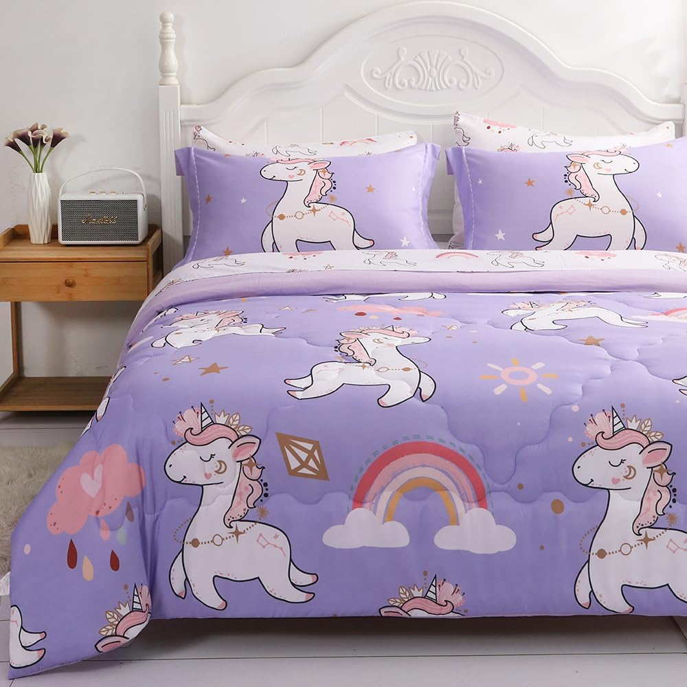 Wajade Kids Purple Unicorn Comforter Set Bed in A Bag Full Size 7 Piece Cute Unicorn Rainbow Clouds Bedding Set for Girls (1 Comforter, 1 Flat Sheet, 1 Fitted Sheet, 2 Pillowcase and 2 Pillow Sham)