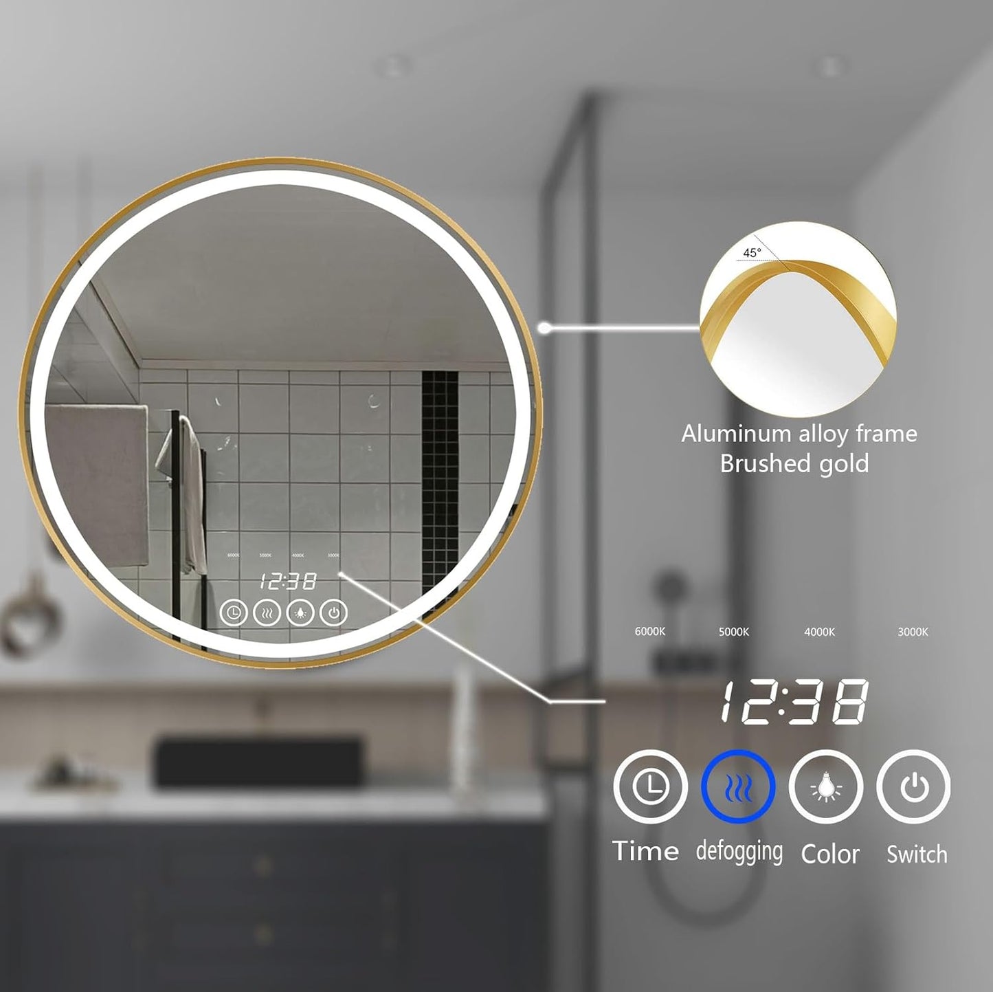 24 Inch Wall-Mounted Round Bathroom Mirror with LED-Lights - Frame Vanity Mirrors (24" x 24", Gold)