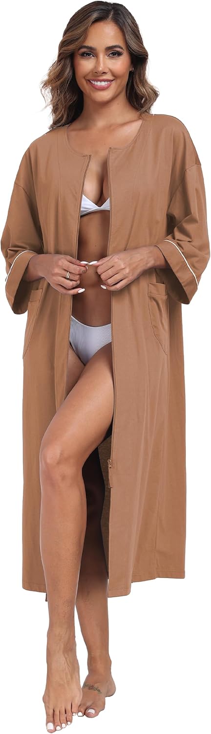 ANLIQI Women's 100% Cotton Robes Long Zipper Front House coats 3/4 Sleeve Bathrobes Lightweight Full Length Robe with Pockets