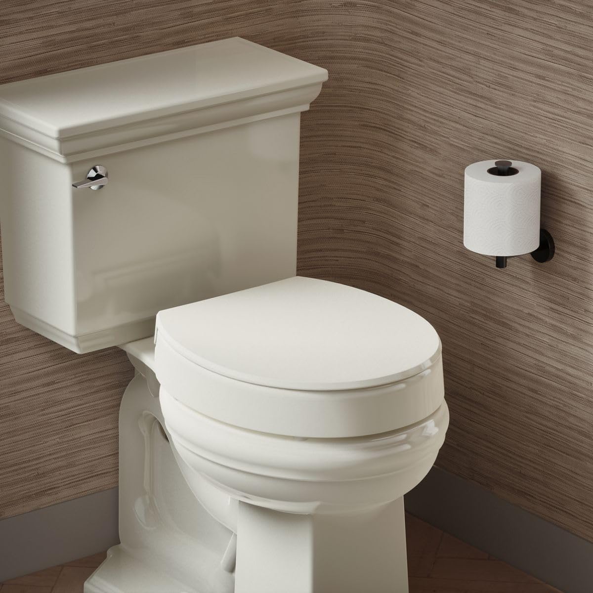 KOHLER 25876-96 Hyten 3" Height, Elevated Soft Close Round Toilet Seat, Contoured Seat with Grip-Tight Bumpers, Quick-Attach Hardware, Biscuit
