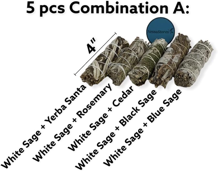 NESSASTORES - White Sage Mixture Smudge Sampler Kit 4" Bundles #JC-230 (3 Kits, 5 pcs Combination A)