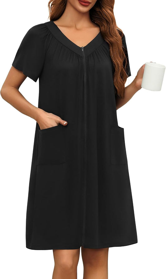 Ekouaer Women Robe Zipper Front Mumu Duster Robes Zip Up Housecoat Soft Sleepwear with Pockets S-3XL