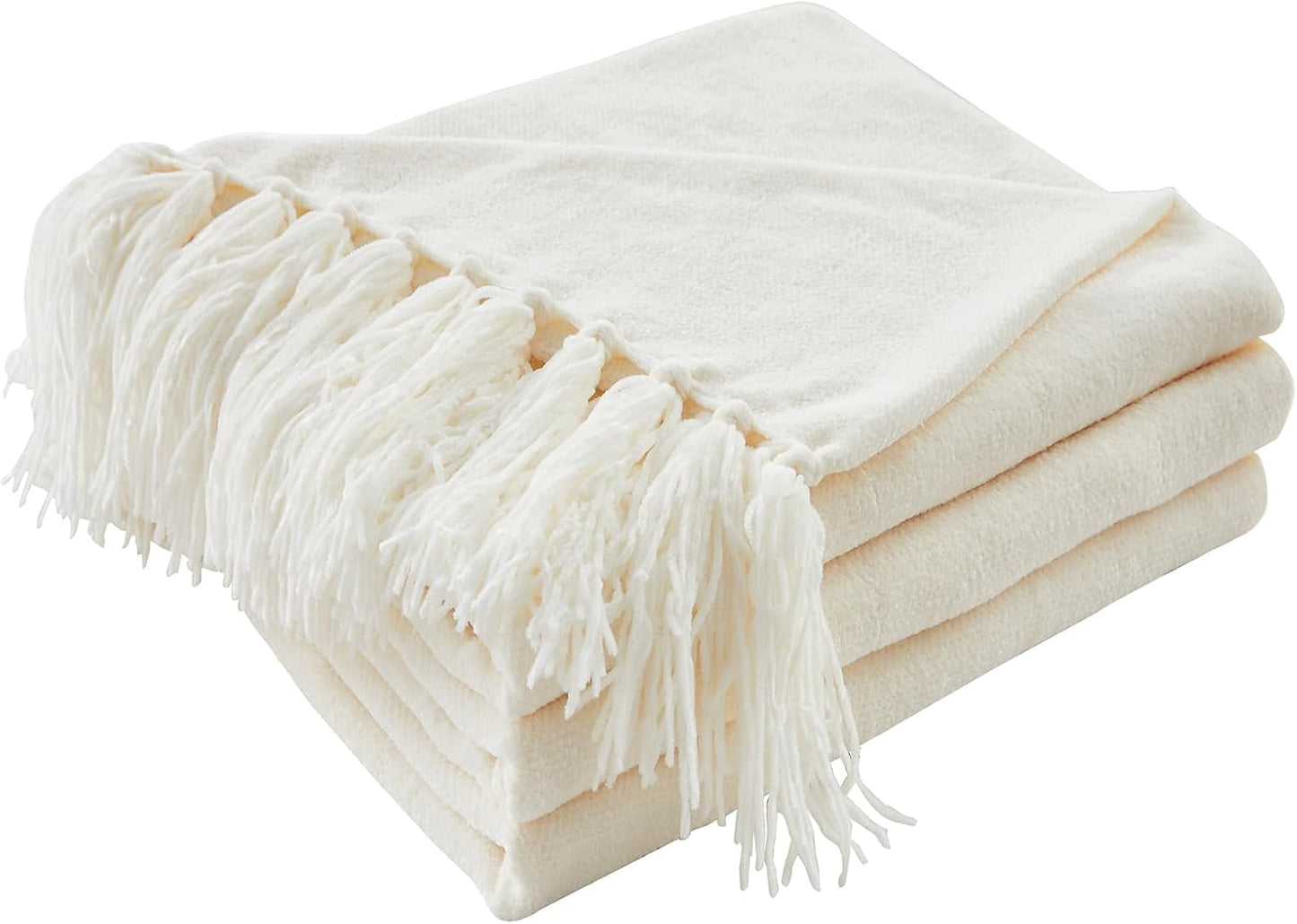 CozeCube Chenille Throw Blanket for Couch, Cozy Plush Fuzzy Decorative Cream White Blanket with Fringe Tassels, Lightweight Throws for Bed Sofa Gift Home Decor, 60"X80"