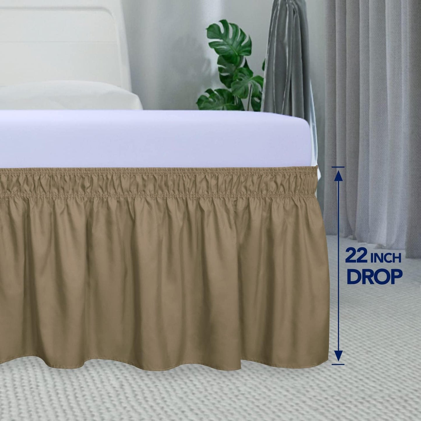 PureFit Wrap Around Ruffled Bed Skirt with Adjustable Elastic Belt - 22 Inch Drop Easy to Put On, Wrinkle Free Bedskirt Dust Ruffles, Bed Frame Cover for Twin,Twin XL and Full Size Beds, Camel