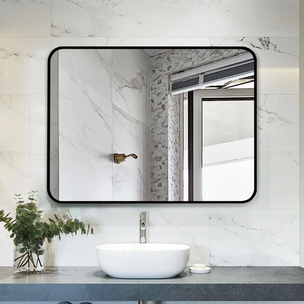 Black Bathroom Mirror 40X30 Inch, Black Metal Framed Mirror for Wall, Rounded Rectangle Matte Bathroom Vanity Mirror with Tempered Glass, Anti-Rust, Horizontal/Vertical
