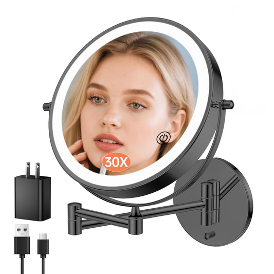 FUNTOUCH 9" 1X/30X Wall Mounted Lighted Makeup Mirror, 4500mAh Rechargeable Double Sided Magnifying Mirror with Light, 3 Color Lights,Touch Dimmable, 360 Rotation Extended Arm for Bathroom,Black