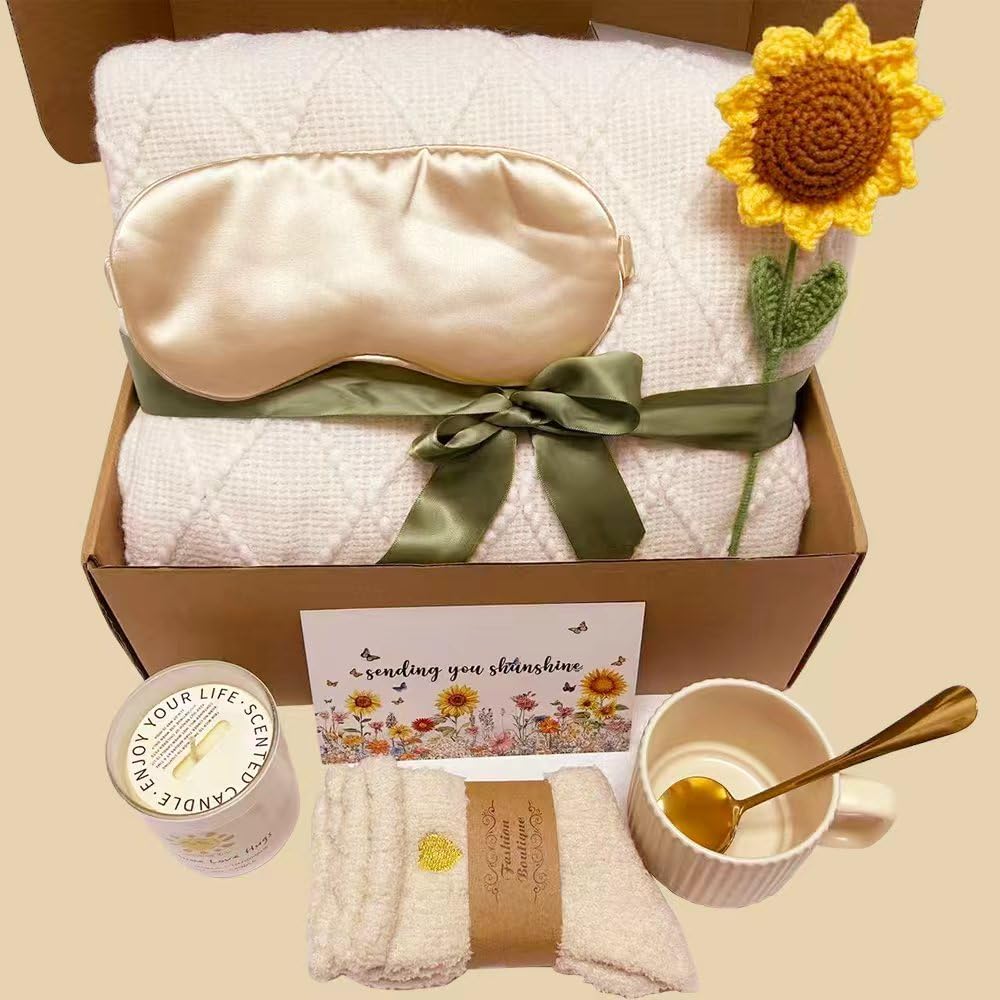 Sunflower Gifts For Women Birthday Gifts for Women Self Care Gift Get Well Soon Baske Spa Gift Care Package Luxurious Flannel Blanket Unique Christmas Gift for Mom Wife Friend Grandma Sister