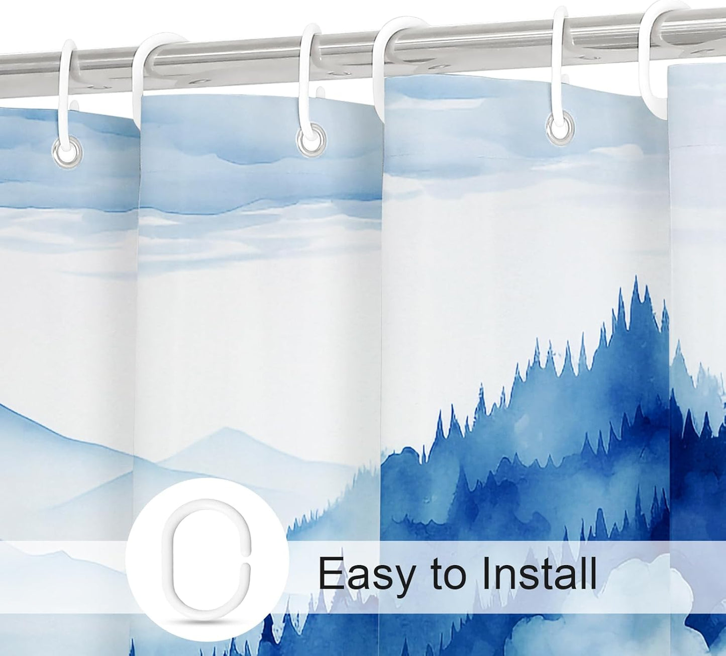 Navy Blue Extra Long Misty Pine Forest Shower Curtain 72 x 84, XL Mountain Foggy Woodland Scenery Tree Shower Curtains for Bathroom, Abstract Waterproof Nature-Themed Decor