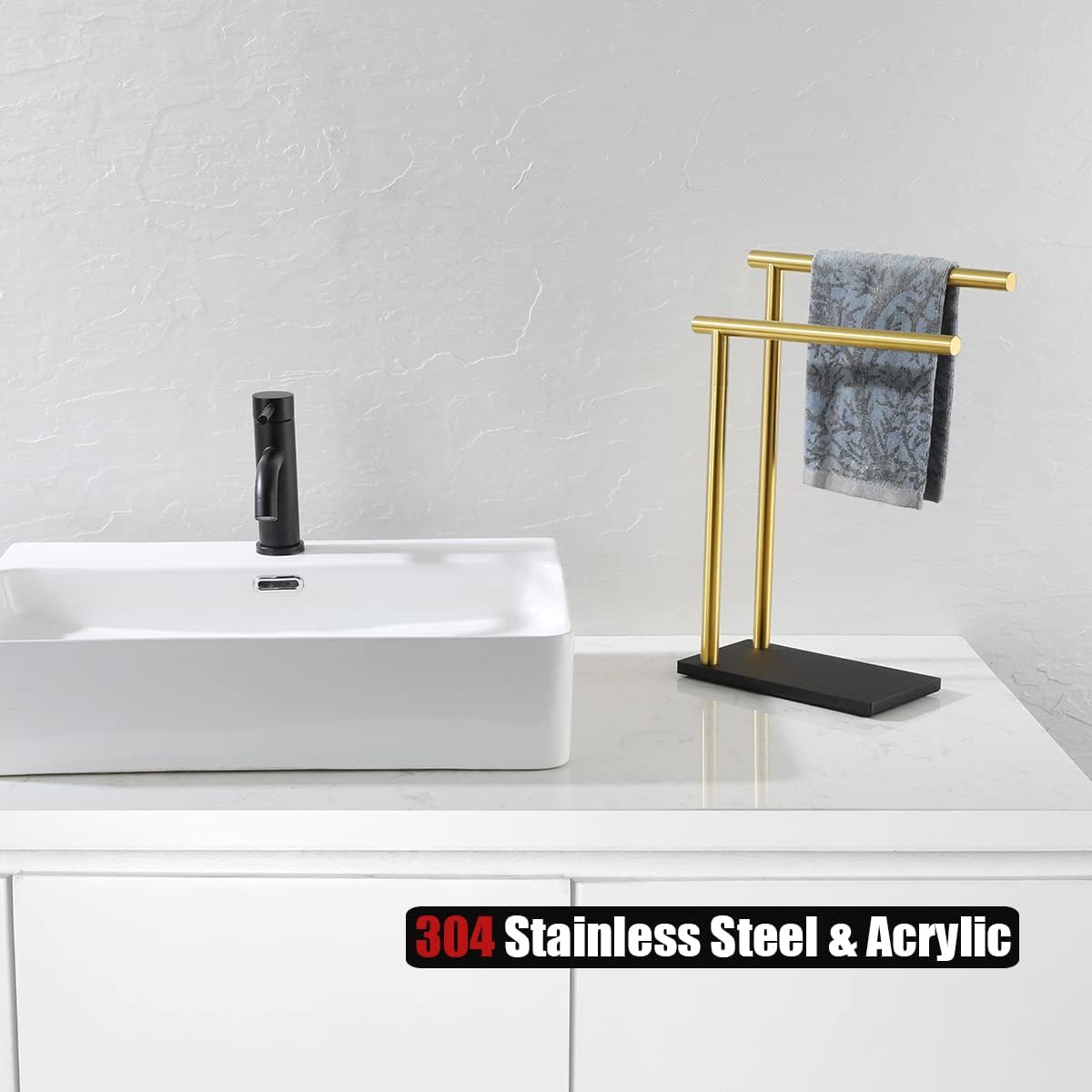 JQK Hand Towel Holder Stand Brushed Gold, Modern Tree Rack Free Standing for Countertop with 12 Inch 2 Bars, 304 Stainless Steel Golden, HTT172-BG