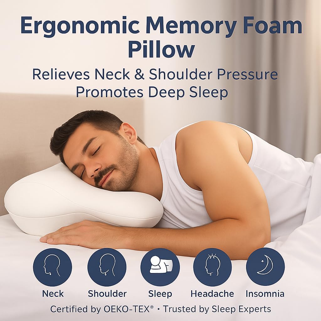 Dual-Height Cervical Neck Pillow for Pain Relief, Memory Foam Pillows with Cooling Tech -3D Ergonomic Support, Cooling Cover, for Side/Back/Stomach Sleeper Pillow, Minimalist Style - White