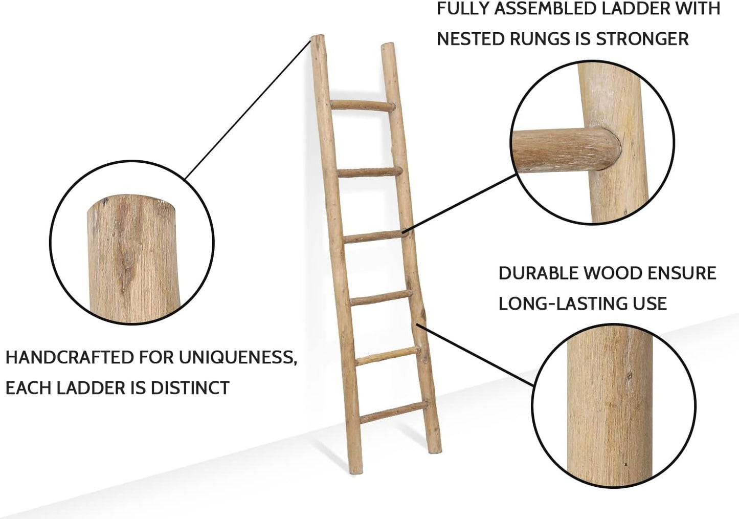 FUIN Fully Assembled 6ft Wood Blanket Ladder Living Room Decorative Wall Leaning Farmhouse Quilt Display Holder Rustic Wooden Towel Rack for Bathroom, Brown