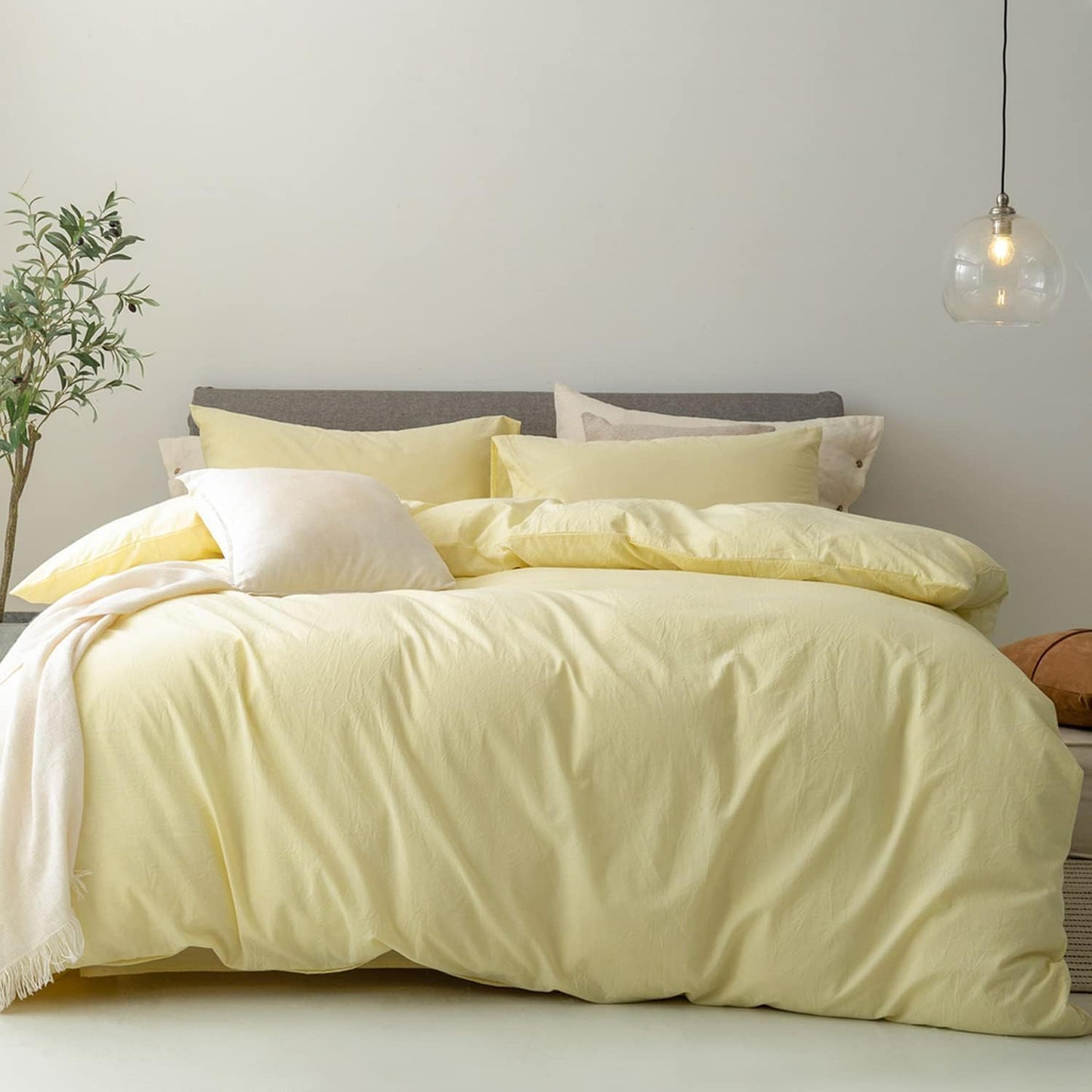 FOSSA Duvet Cover Set 100% Washed Cotton Linen Feel Super Soft Breathable Cozy 3 Pieces Bedding Sets Solid Pastel Yellow Oversized King