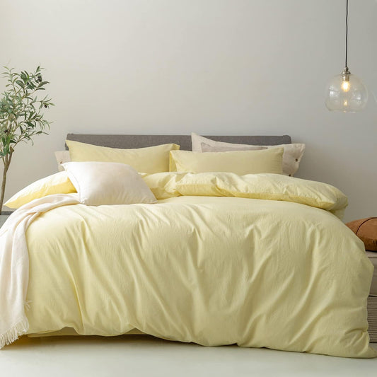 FOSSA Duvet Cover Set 100% Washed Cotton Linen Feel Super Soft Breathable Cozy 3 Pieces Bedding Sets Solid Pastel Yellow Super King Plus