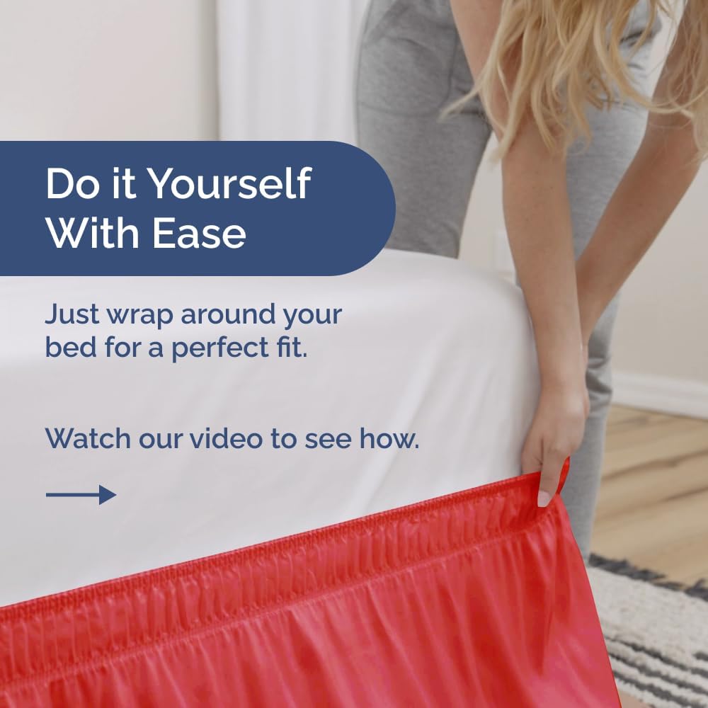Wrap Around Dust Ruffle Bed Skirt - Red - for King Size Beds with 24 Inch Drop - Easy Fit Elastic Strap - Adjustable Pleated Bedskirt w/Brushed Fabric - Wrinkle Free - for Women, Men, Kids & Teens