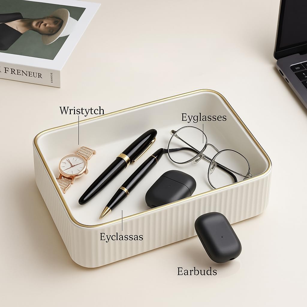 Leather Desk Organizer Tray - Decorative Vanity Perfume Tray & Jewelry Holder, Key Bowl for Entryway, Nightstand Organizer with Handles for Women and Men