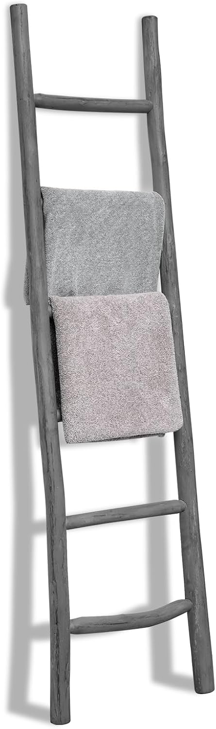 FUIN Fully Assembled 6ft Wood Blanket Ladder Living Room Decorative Wall Leaning Farmhouse Quilt Display Holder Rustic Wooden Towel Rack for Bathroom, Gray