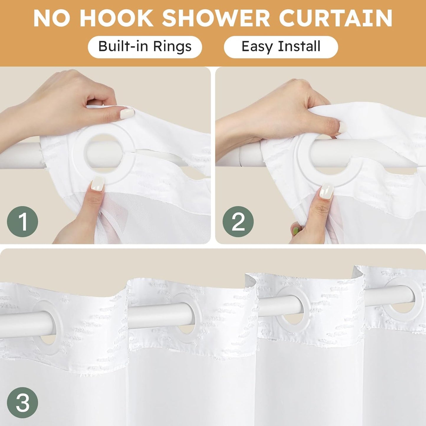 No Hook Shower Curtain and Snap in Liner Set White Tufted Chevron Striped Cloth Waterproof Washable Fabric Boho Bath Curtain with See Through Mesh Top Window for Bathroom Hotel 71" x 74"