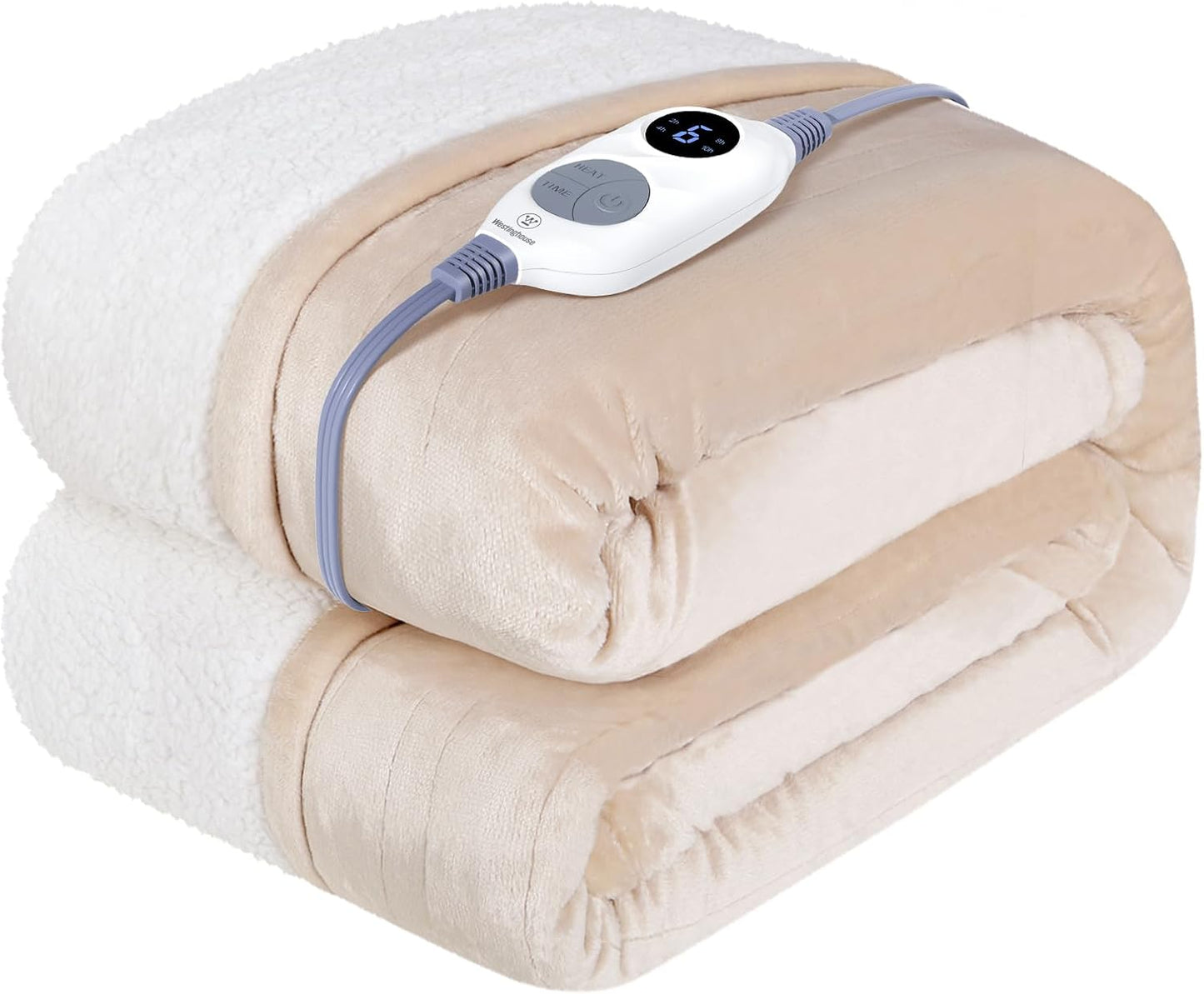 Westinghouse Heated Throw Blanket, Soft Flannel to Sherpa Electric Throw with 6 Heating Levels, 2-10 Hours Time Settings, Fast Heating, Machine Washable 50x60 Inch, Ivory
