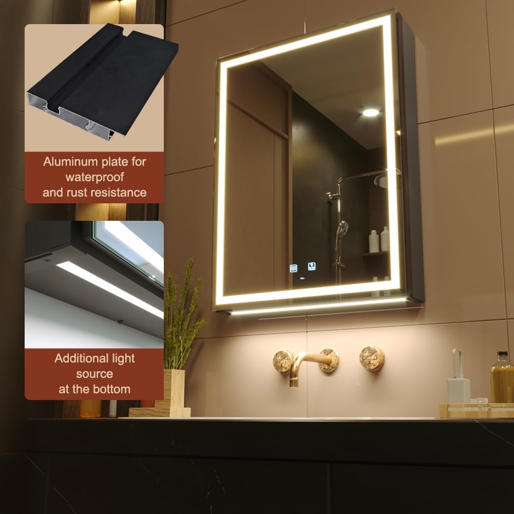 KWW LED Lighted Bathroom Medicine Cabinet with Sockets & USBs, Defogger, Dimmable, 3 Color Light Makeup Mirror, Easy to Install, Wall Mounted Cabinet (Left Hinge, 20 * 28)